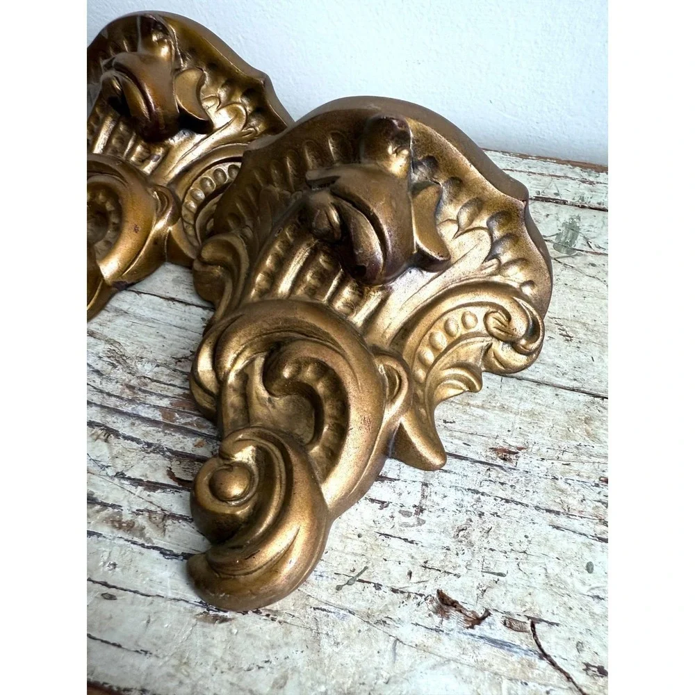 Vintage Pair Plaster Gold Wall Sconces Hollywood Regency Classical Shelf‎